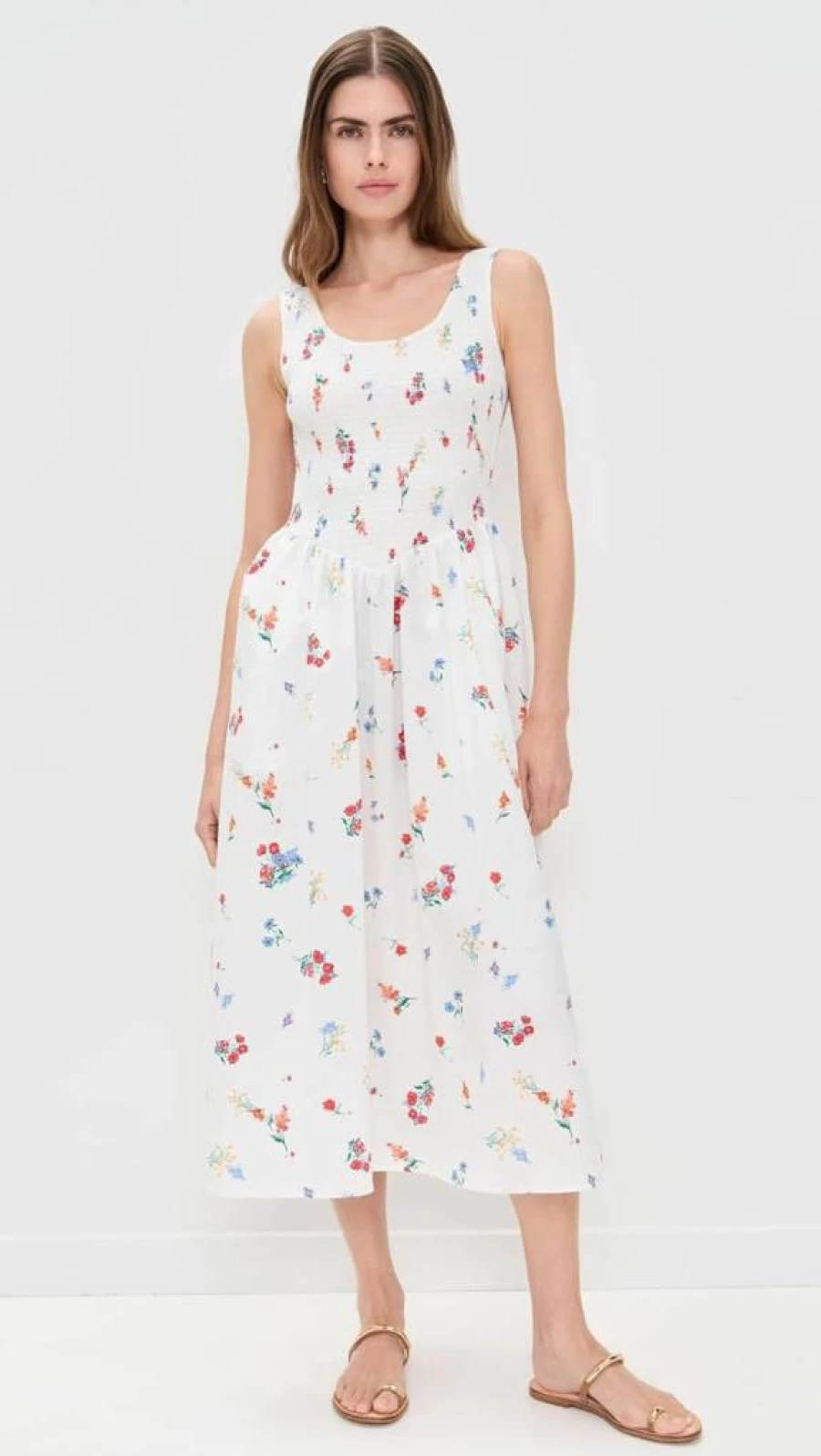 WAYF Dana Smocked Floral Midi Dress for Women - Boho Chic Summer Dress