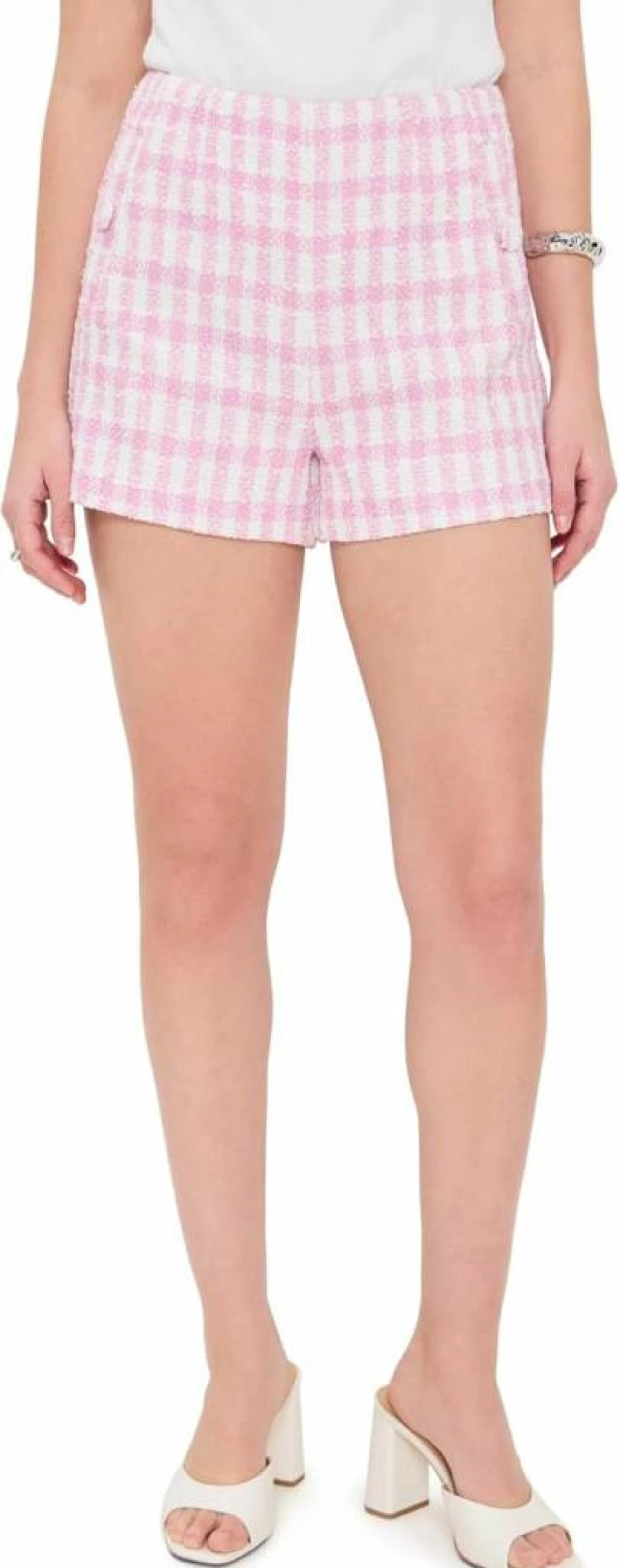 Endless Rose Women's Tweed High-Waisted Button-Front Shorts with Pockets