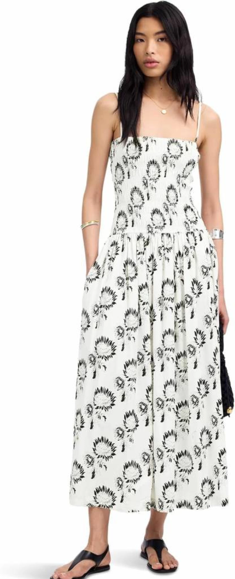 Madewell Women's Smocked Waist Poplin Maxi Dress - Flowy Summer Long Dress with Puff Sleeves