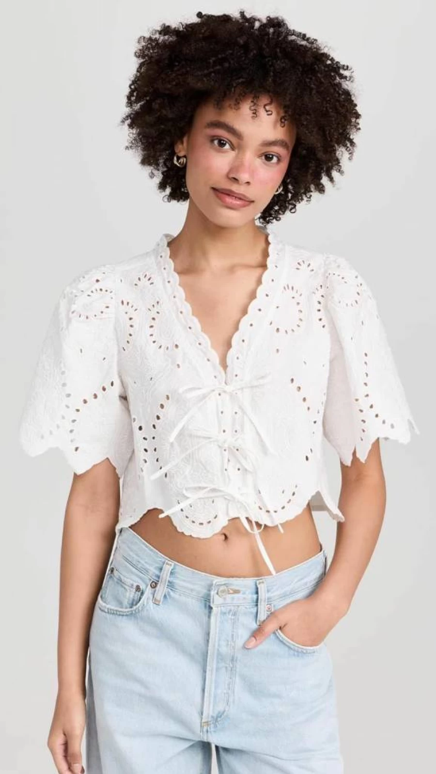 MOON RIVER Women's Puff Sleeve Eyelet Top with Front Ties - Floral Lace Summer Blouse