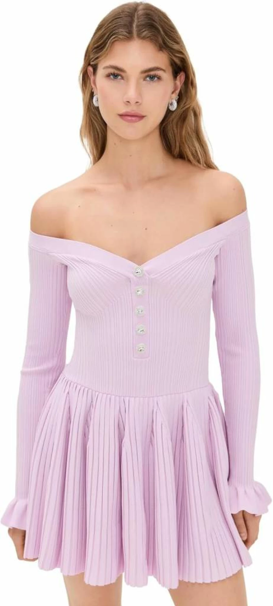 Self Portrait Women's Pink Ribbed Knit Mini Dress - Stretch Fit Short Sleeve Party Dress