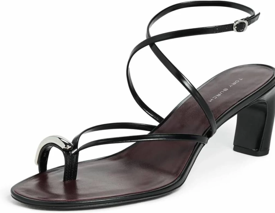 Tory Burch Women's Strappy Heel Sandals 65mm Leather Pierced Design Comfortable Dress Shoes