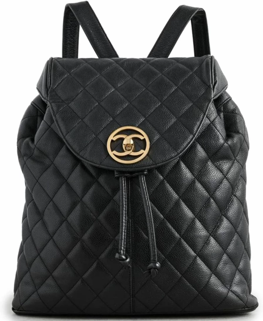 Chanel Black Caviar Leather Drawstring Backpack for Women - Vintage Pre-Owned Luxury Handbag