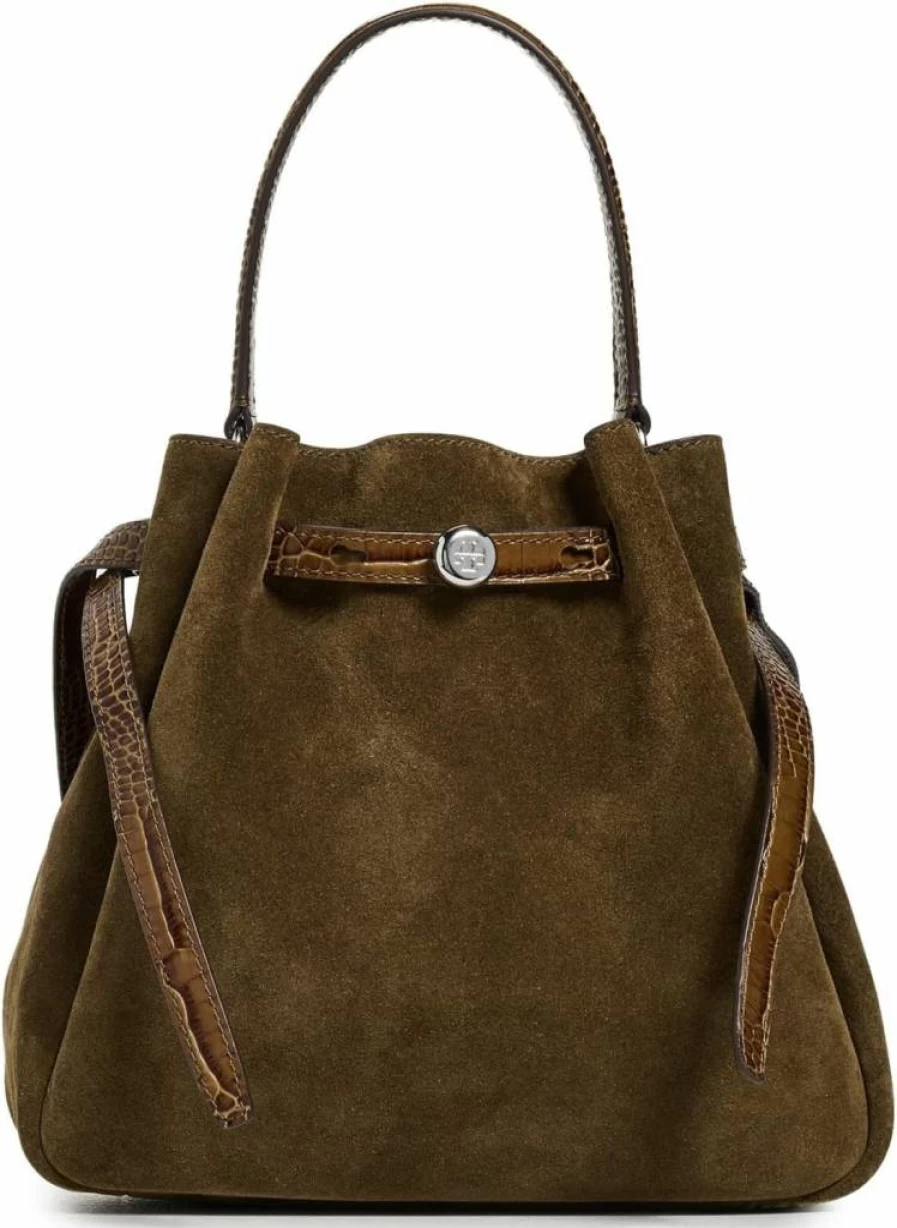 Tory Burch Women's Romy Suede Bucket Bag – Stylish Leather Handbag for Women, Fashionable Shoulder Bag with Premium Suede Material