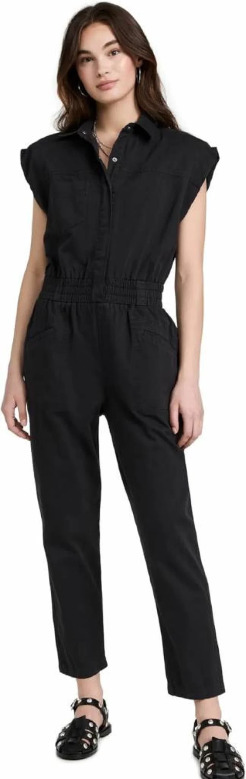 Pistola Denim Women's Rosie Padded Shoulder Denim Jumpsuit - Stylish One-Piece Romper with Shoulder Pads