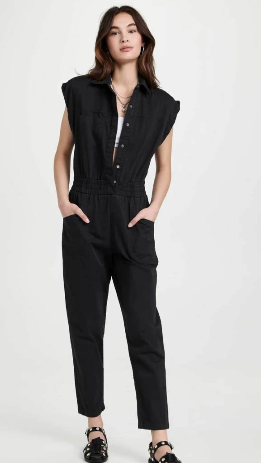 Pistola Denim Women's Rosie Padded Shoulder Denim Jumpsuit - Stylish One-Piece Romper with Shoulder Pads