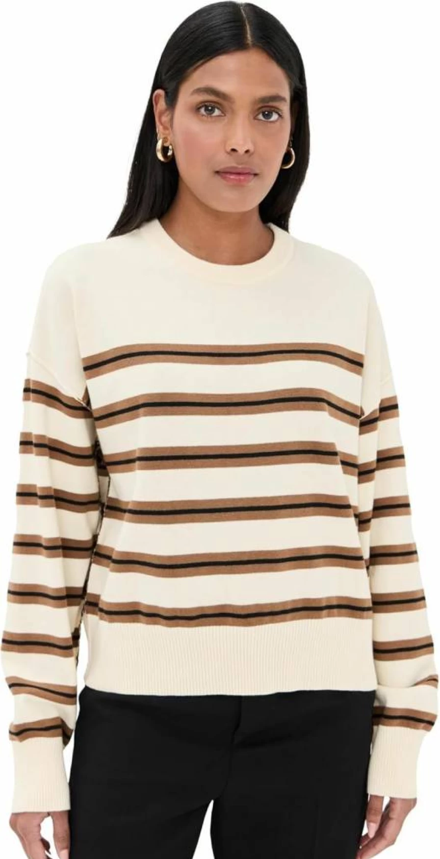 LE BOP Women's Striped Oversized Pullover Sweater - Casual Comfortable Crewneck Top