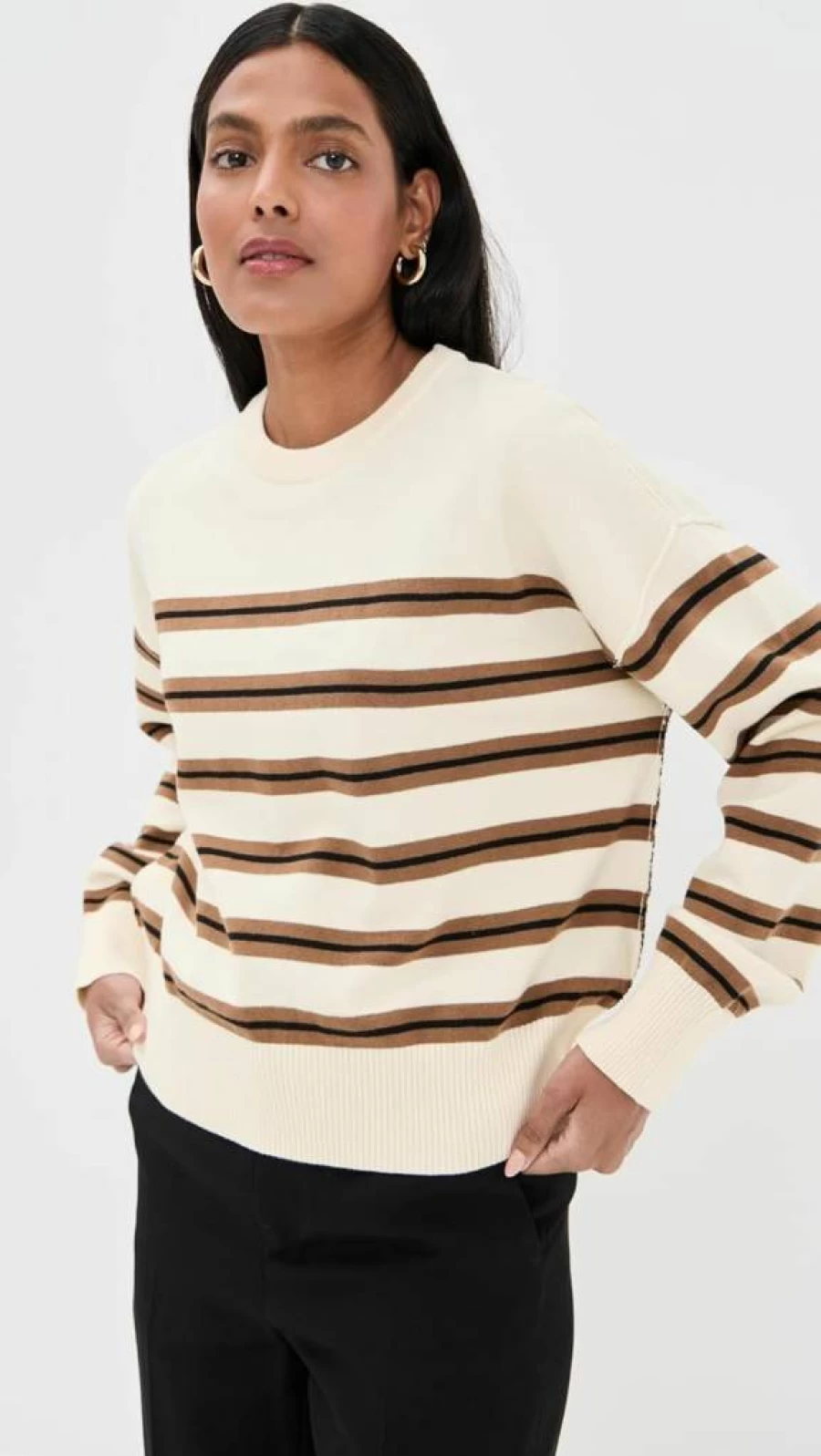 LE BOP Women's Striped Oversized Pullover Sweater - Casual Comfortable Crewneck Top