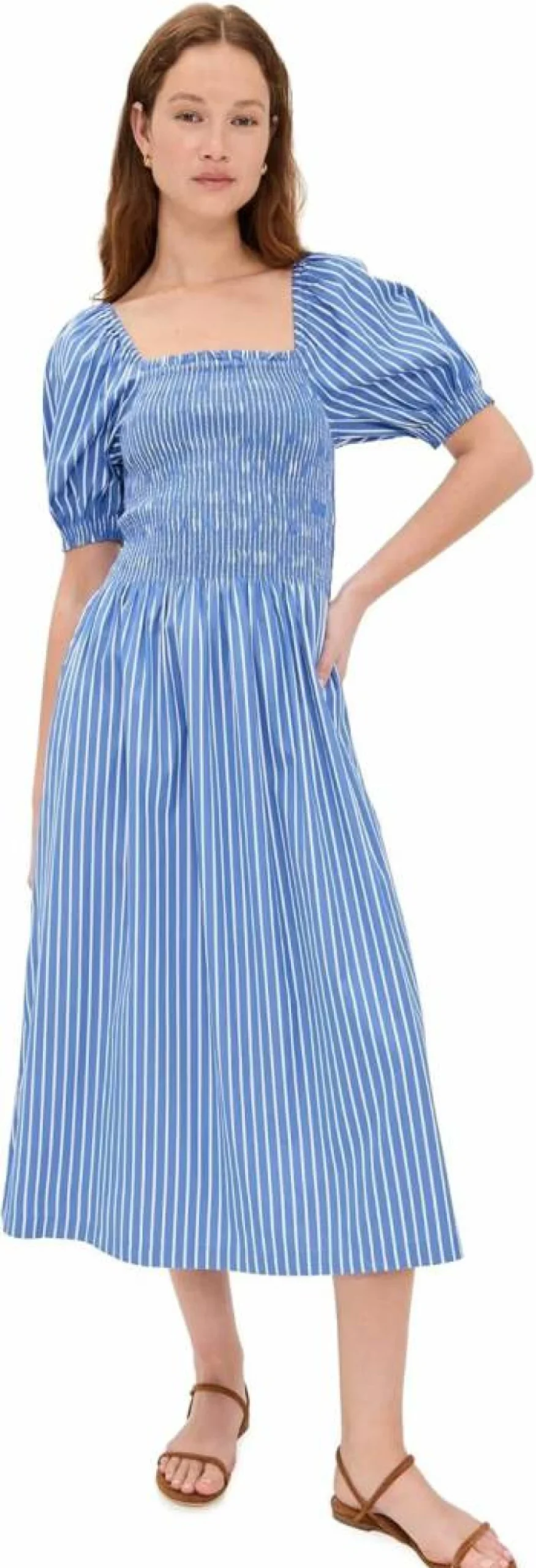 Madewell Women's Smocked Puff Sleeve Midi Dress - Flowy Summer Dress with Elastic Neckline and Ruffle Details