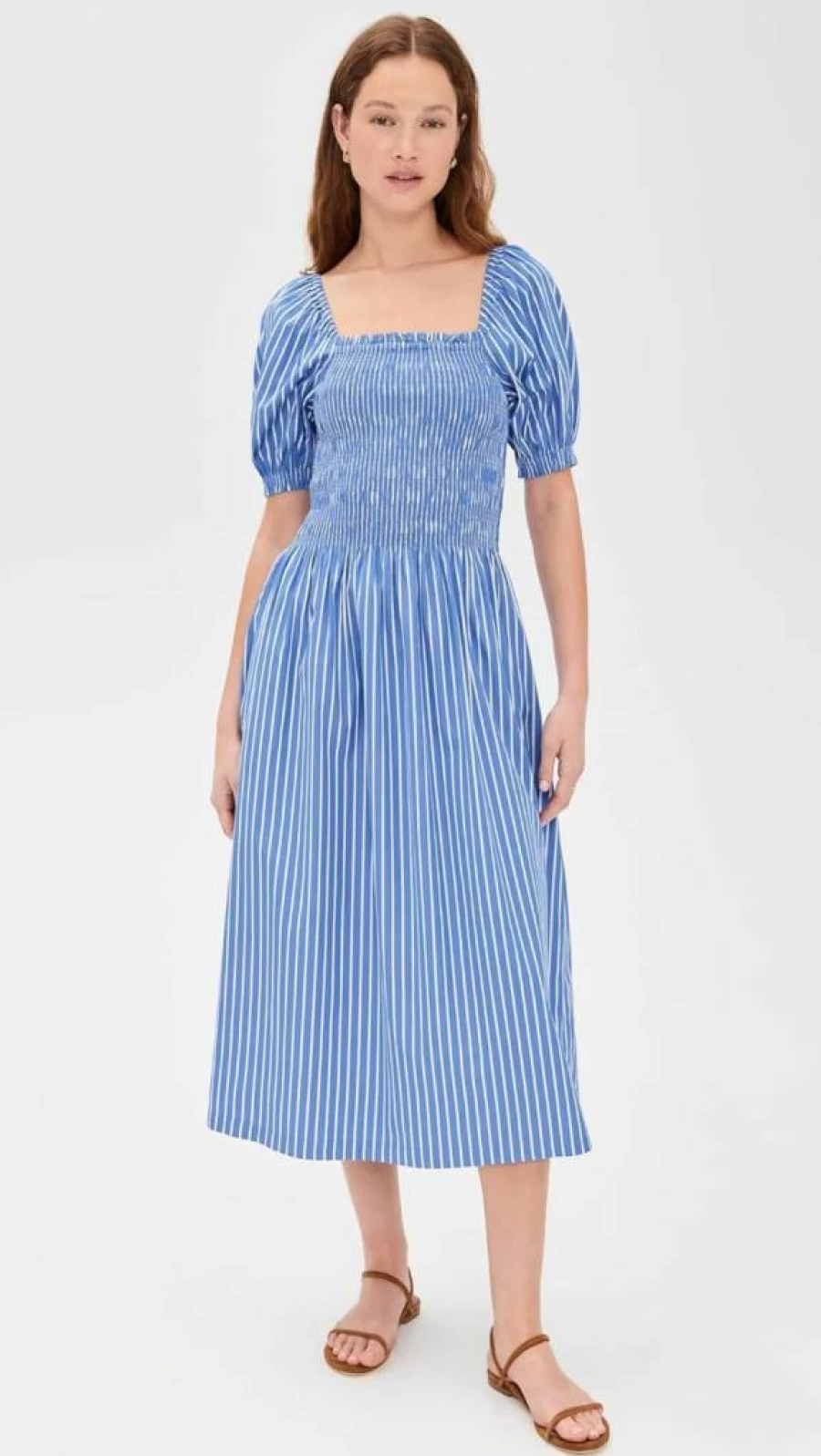Madewell Women's Smocked Puff Sleeve Midi Dress - Flowy Summer Dress with Elastic Neckline and Ruffle Details