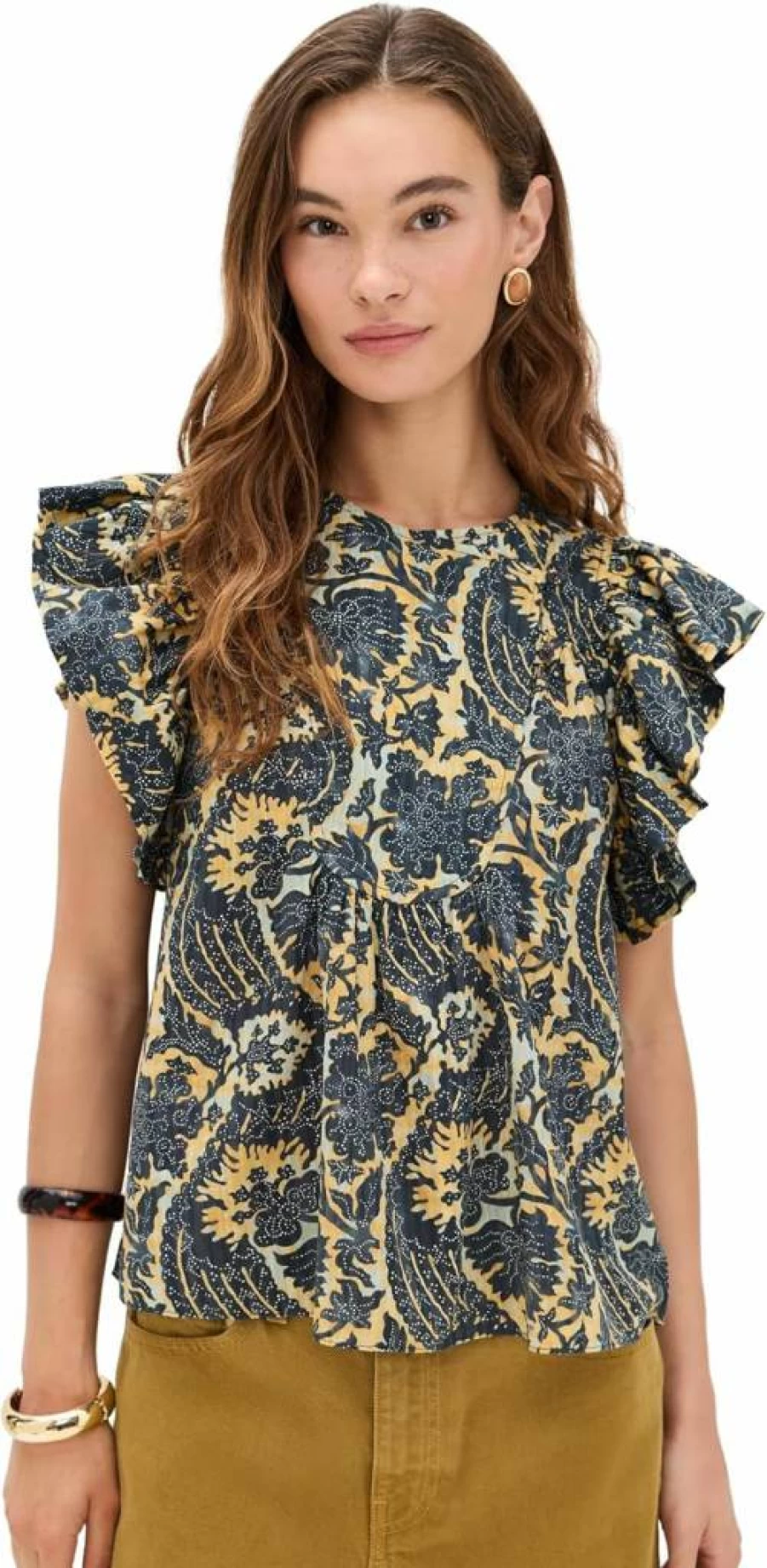 Ulla Johnson Women's Sienna Flutter Sleeve Blouse - Boho Floral Print Top with Puff Sleeves