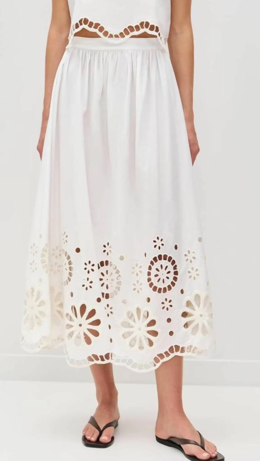 THE GREAT Women's Super Bloom Eyelet Skirt - Floral Lace Trim A-Line Midi Skirt