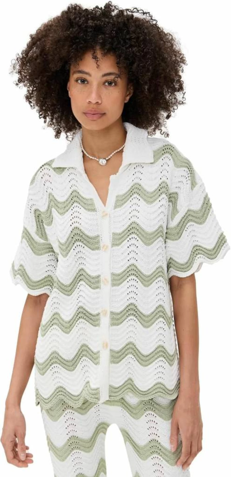 MINKPINK Women's Jayden Crochet Wave Shirt - Boho Chic Lace-Up Beach Top