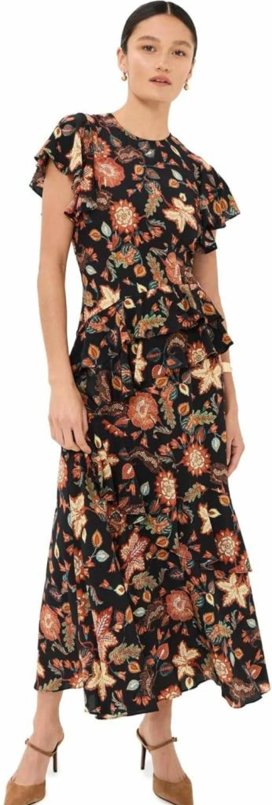 Ulla Johnson Women's Amaia Floral Printed Midi Dress with Ruffled Hem and Long Sleeves