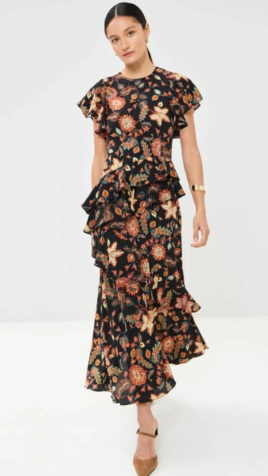 Ulla Johnson Women's Amaia Floral Printed Midi Dress with Ruffled Hem and Long Sleeves