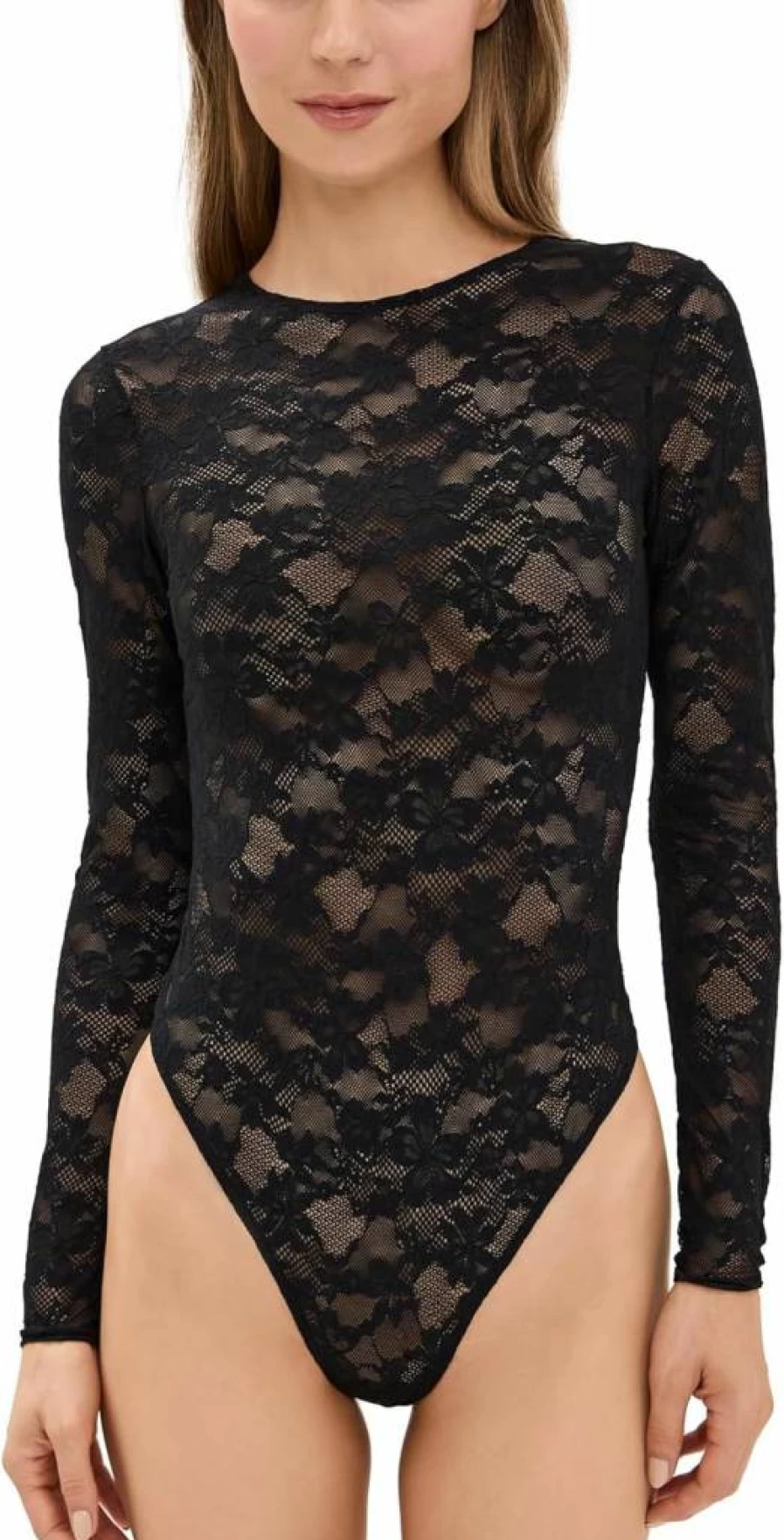 Fleur du Mal Women's Stretch Lace Long Sleeve Thong Bodysuit - Sexy Lingerie Bodysuit