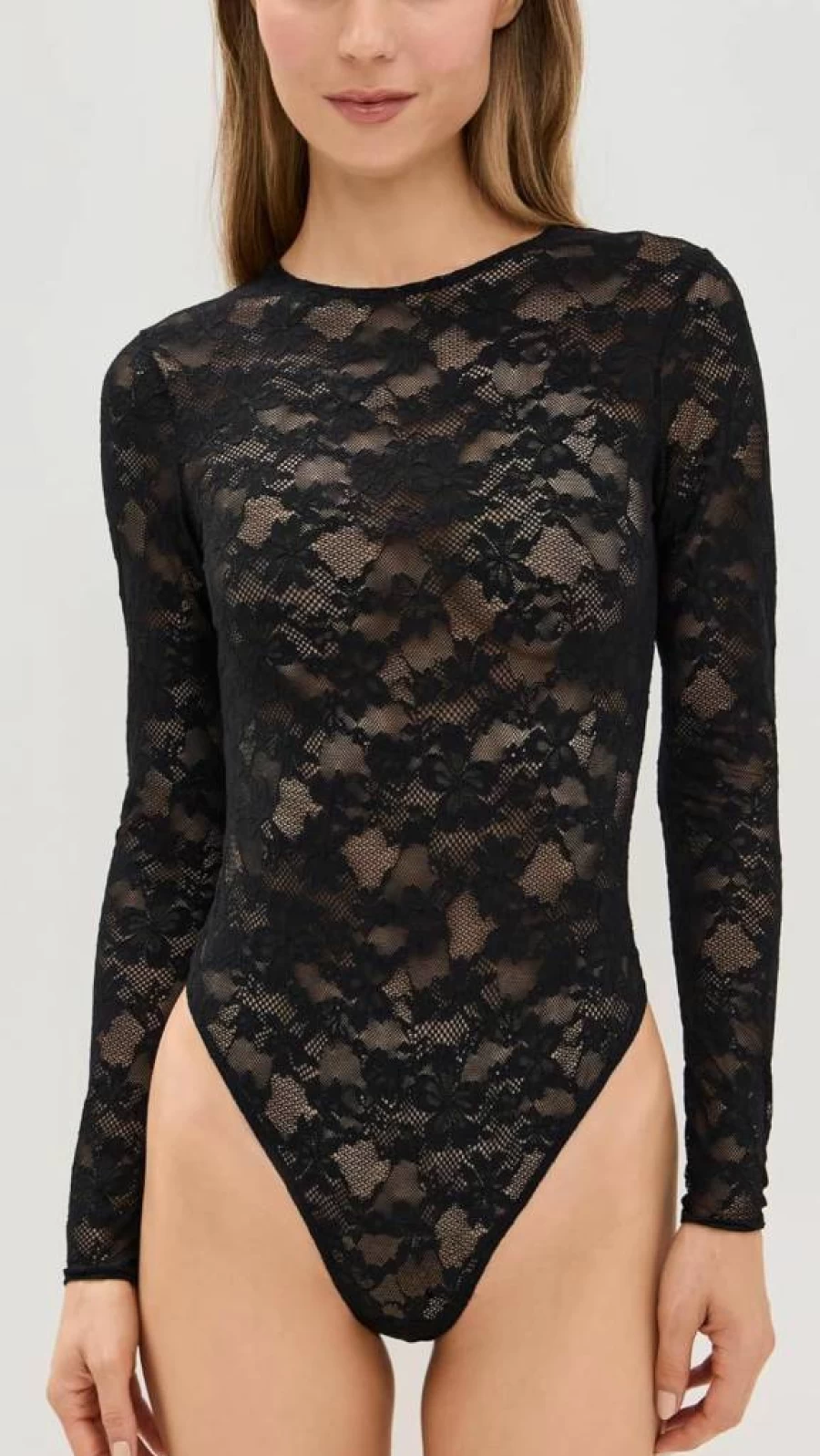 Fleur du Mal Women's Stretch Lace Long Sleeve Thong Bodysuit - Sexy Lingerie Bodysuit