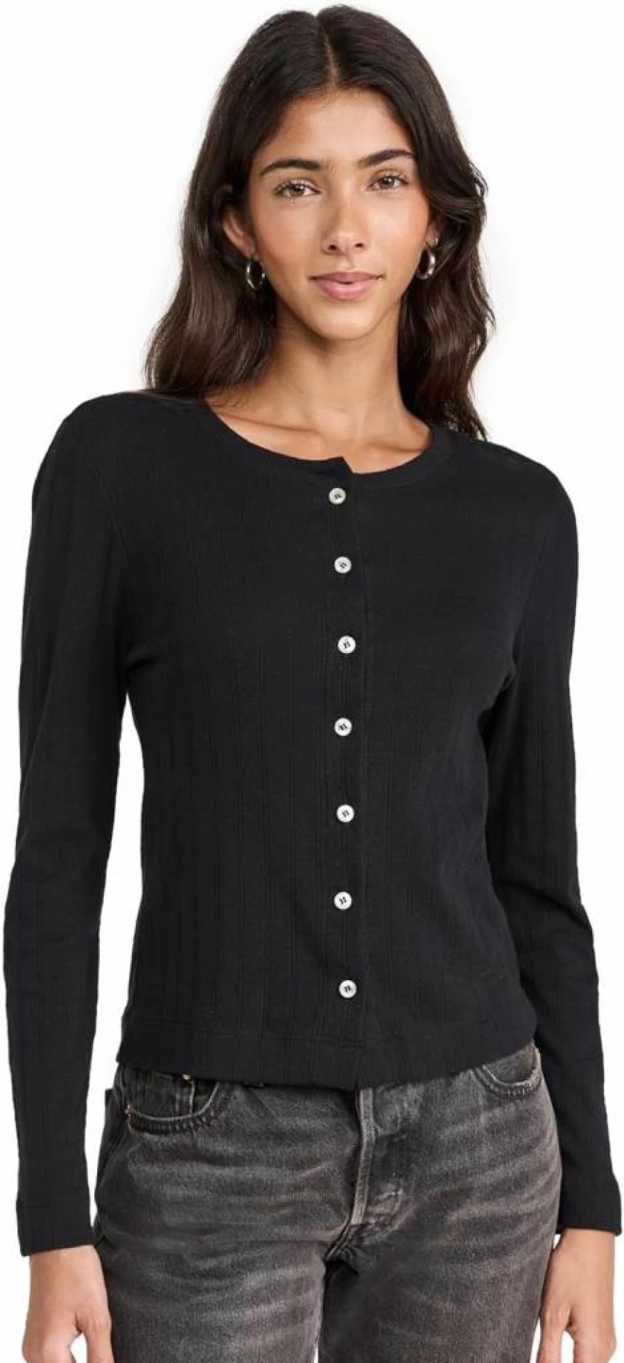 Leset Women's Pointelle Knit Classic Crewneck Cardigan Sweater