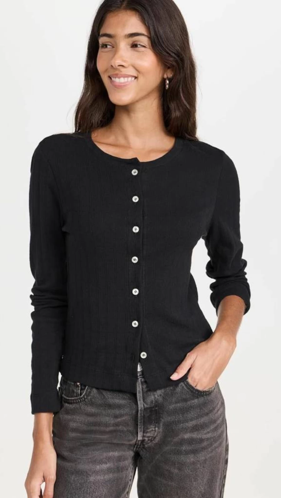 Leset Women's Pointelle Knit Classic Crewneck Cardigan Sweater