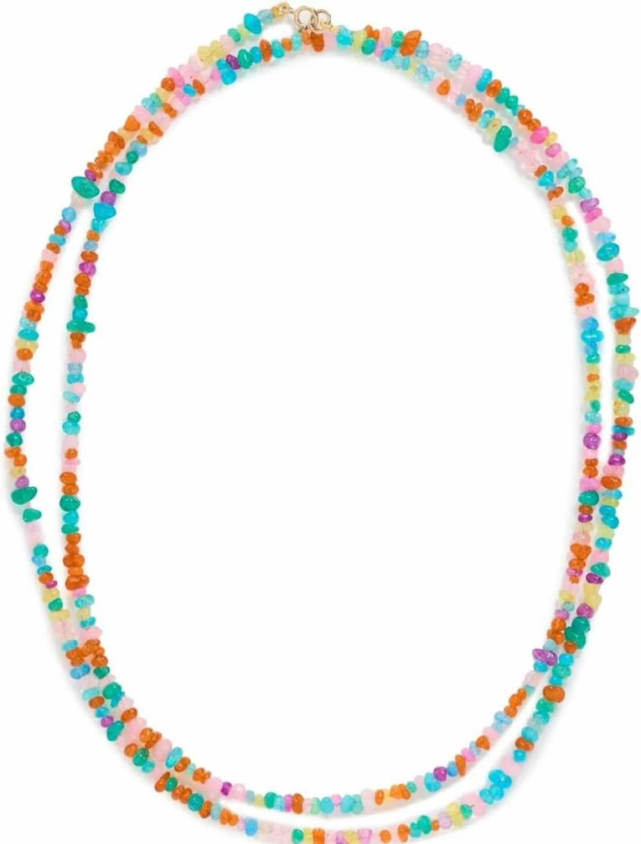 JIAJIA 14K Gold Women's Mini Rainbow Opal Pebble Long Necklace
