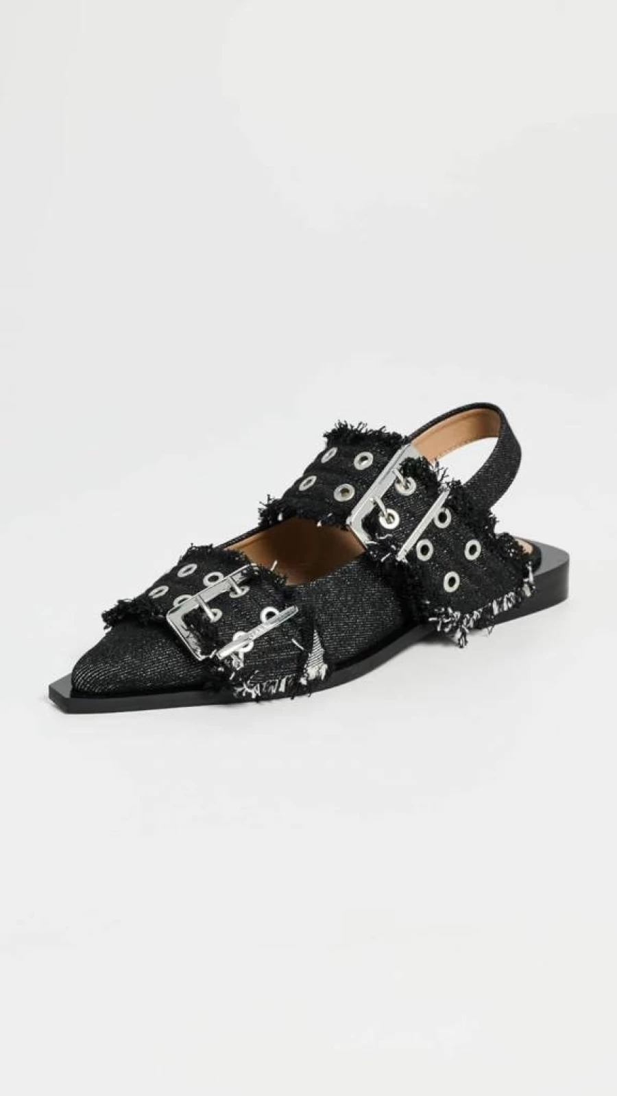 Ganni Women's Denim Ballet Flats with Buckle Detail - Comfortable Slip-On Ballerina Shoes