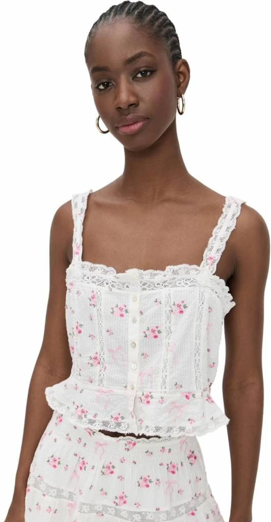 LOVESHACKFANCY Women's Vietta Strappy Cami Top - Floral Lace Summer Tank