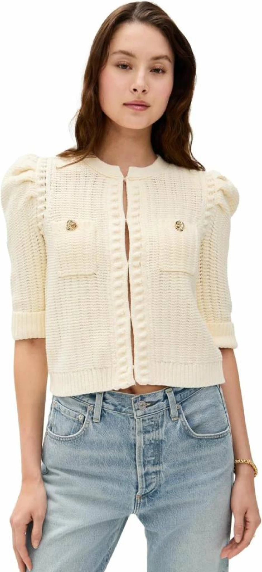 L'AGENCE Women's Delilah Cropped Textured Knit Cardigan Sweater