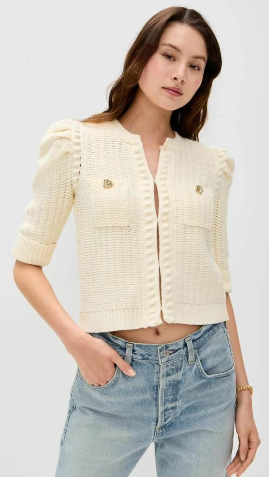 L'AGENCE Women's Delilah Cropped Textured Knit Cardigan Sweater