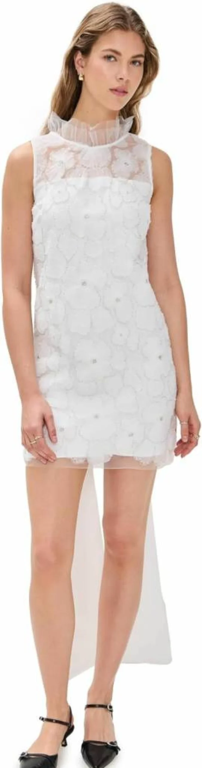 Self Portrait Women's White Tulle Mini Dress with Satin Bow - Elegant Party Gown