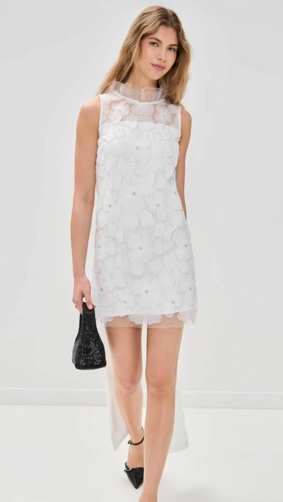 Self Portrait Women's White Tulle Mini Dress with Satin Bow - Elegant Party Gown