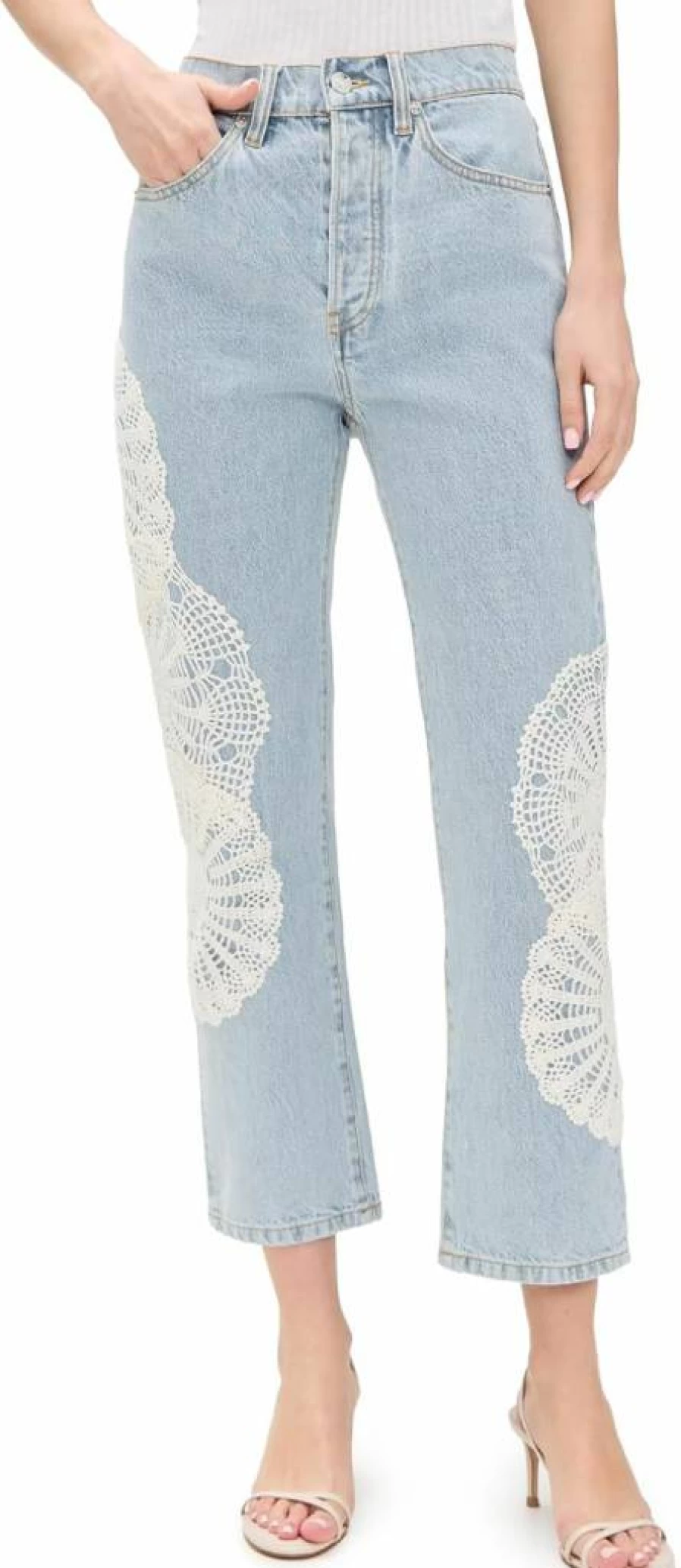FRAME Women's Crochet Detail High-Rise Vertical Stripe Crop Jeans