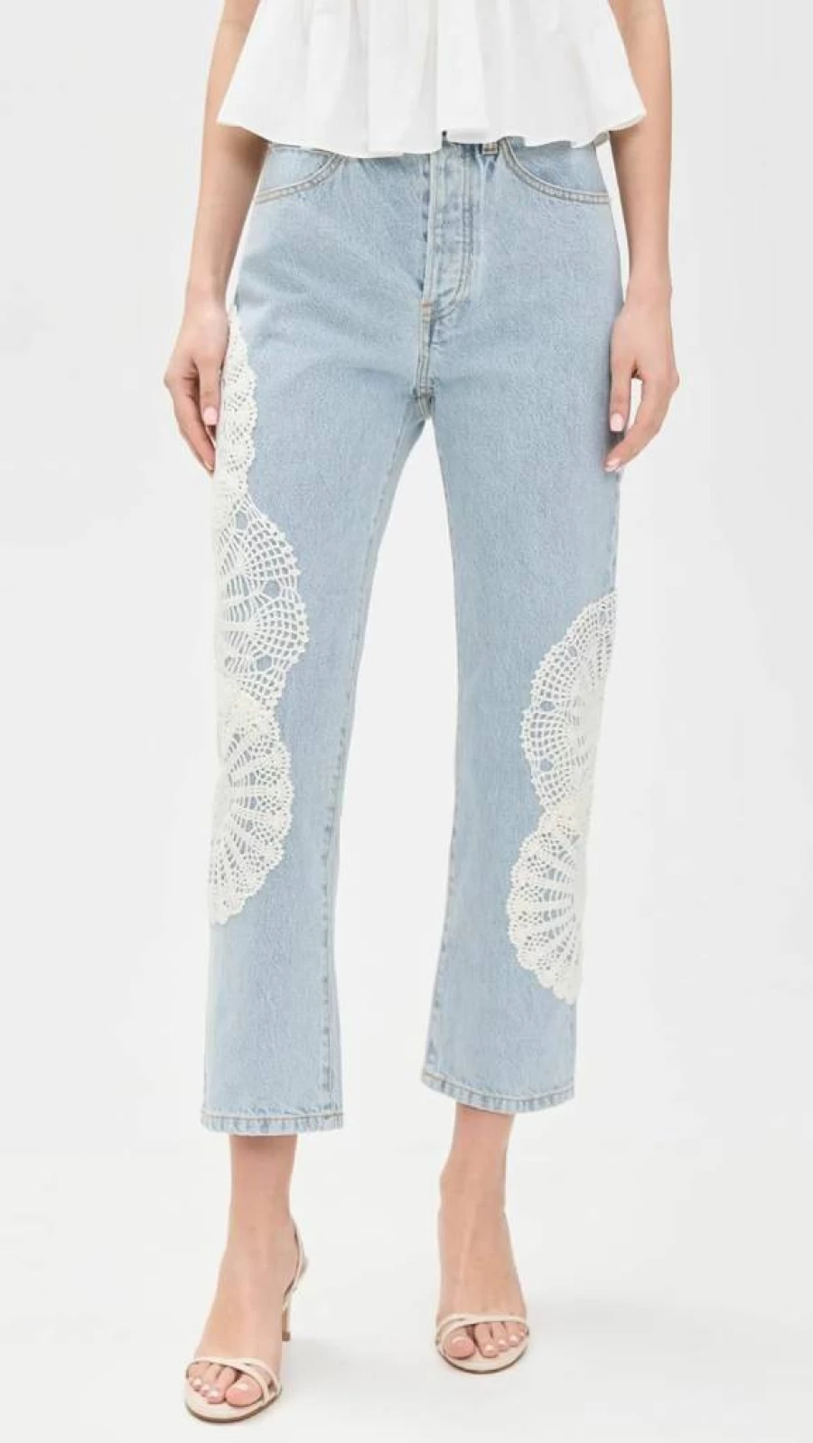 FRAME Women's Crochet Detail High-Rise Vertical Stripe Crop Jeans