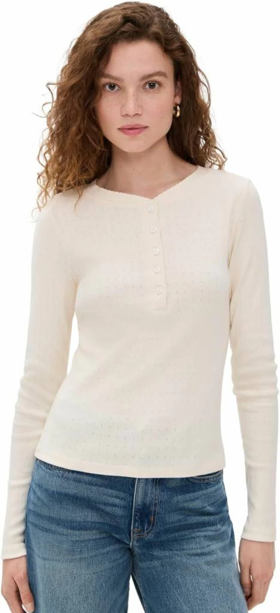 Marea Women's Pointelle Knit Long Sleeve Henley Top - Soft Breathable Lace Detail Pullover Shirt
