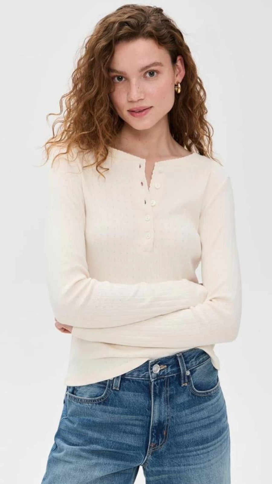 Marea Women's Pointelle Knit Long Sleeve Henley Top - Soft Breathable Lace Detail Pullover Shirt