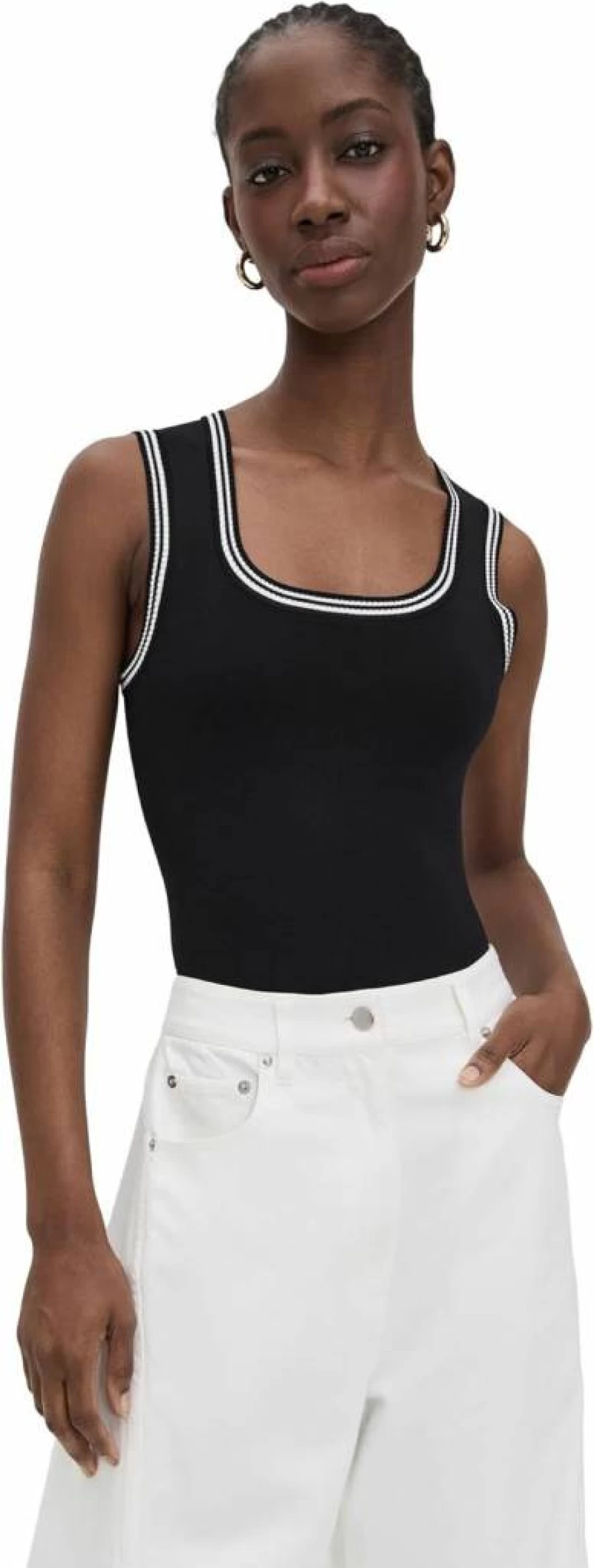 LE BOP Women's Ringer Square Neck Tank Bodysuit - Stretchy Comfort Fit Casual Top