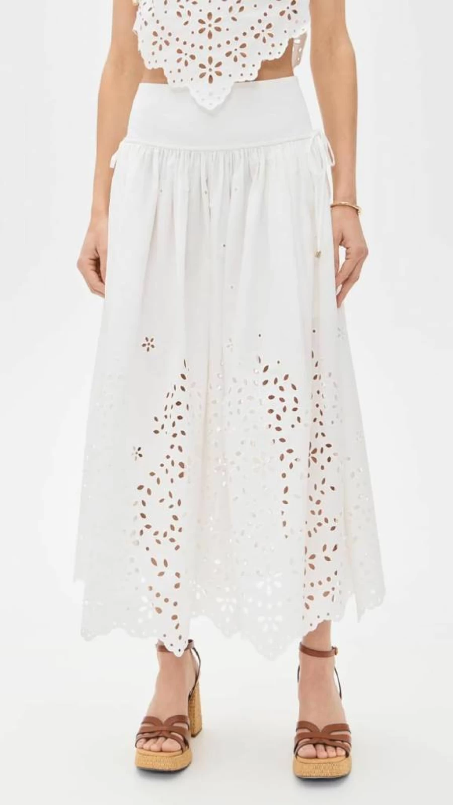 Self Portrait Women's White Embroidered Cotton Midi Skirt - Elegant Floral Design