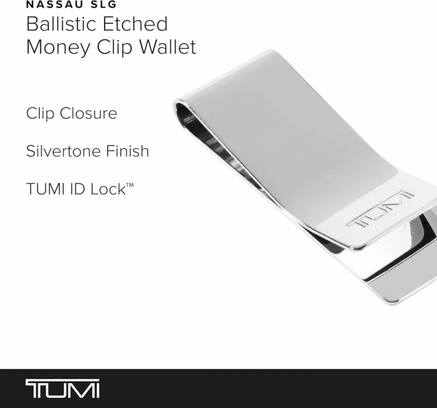 TUMI Nassau Ballistic RFID Money Clip Card Wallet - Silver Etched Locking Protection for Secure Storage