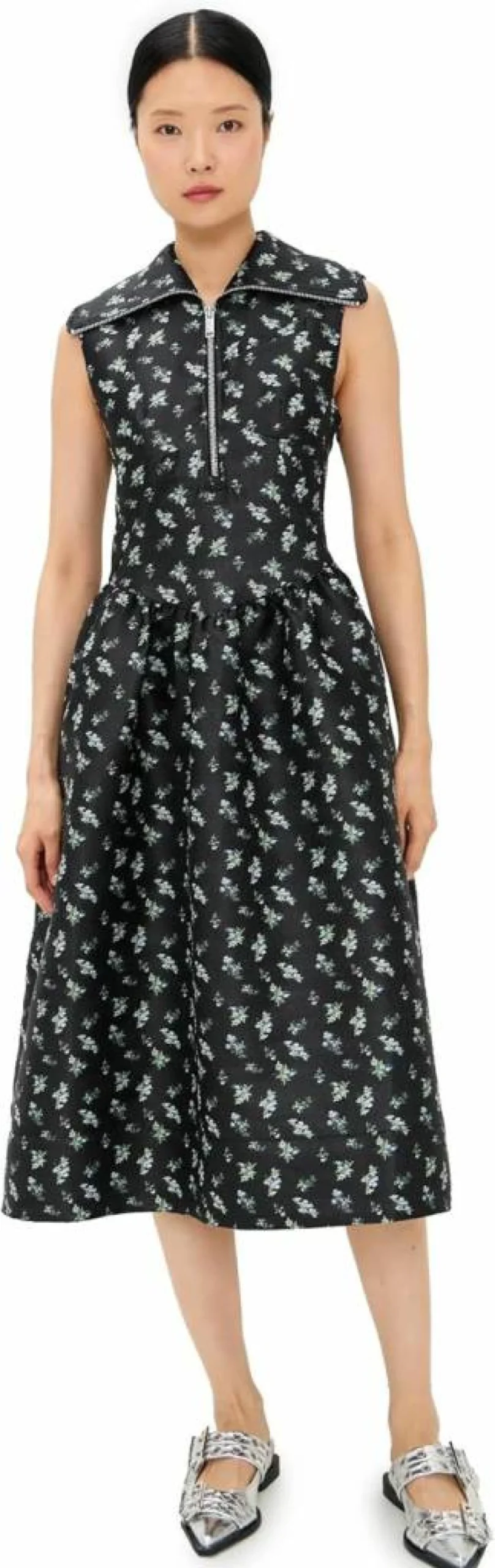 Ganni Floral Jacquard Midi Dress for Women - Elegant Printed Summer Dress