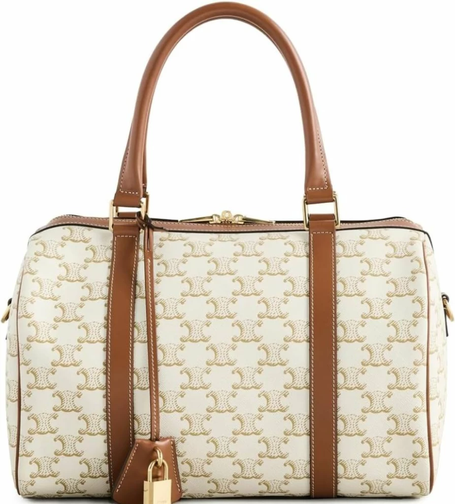Celine Women's Vintage Two-Way Boston Bag in White Canvas, One Size, Pre-Owned Luxury Handbag