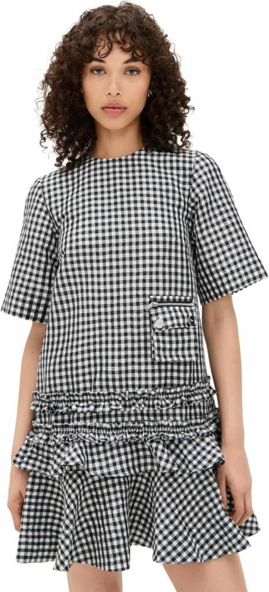 Ganni Women's Crinkled Taffeta Check Mini Dress with Open Back Design