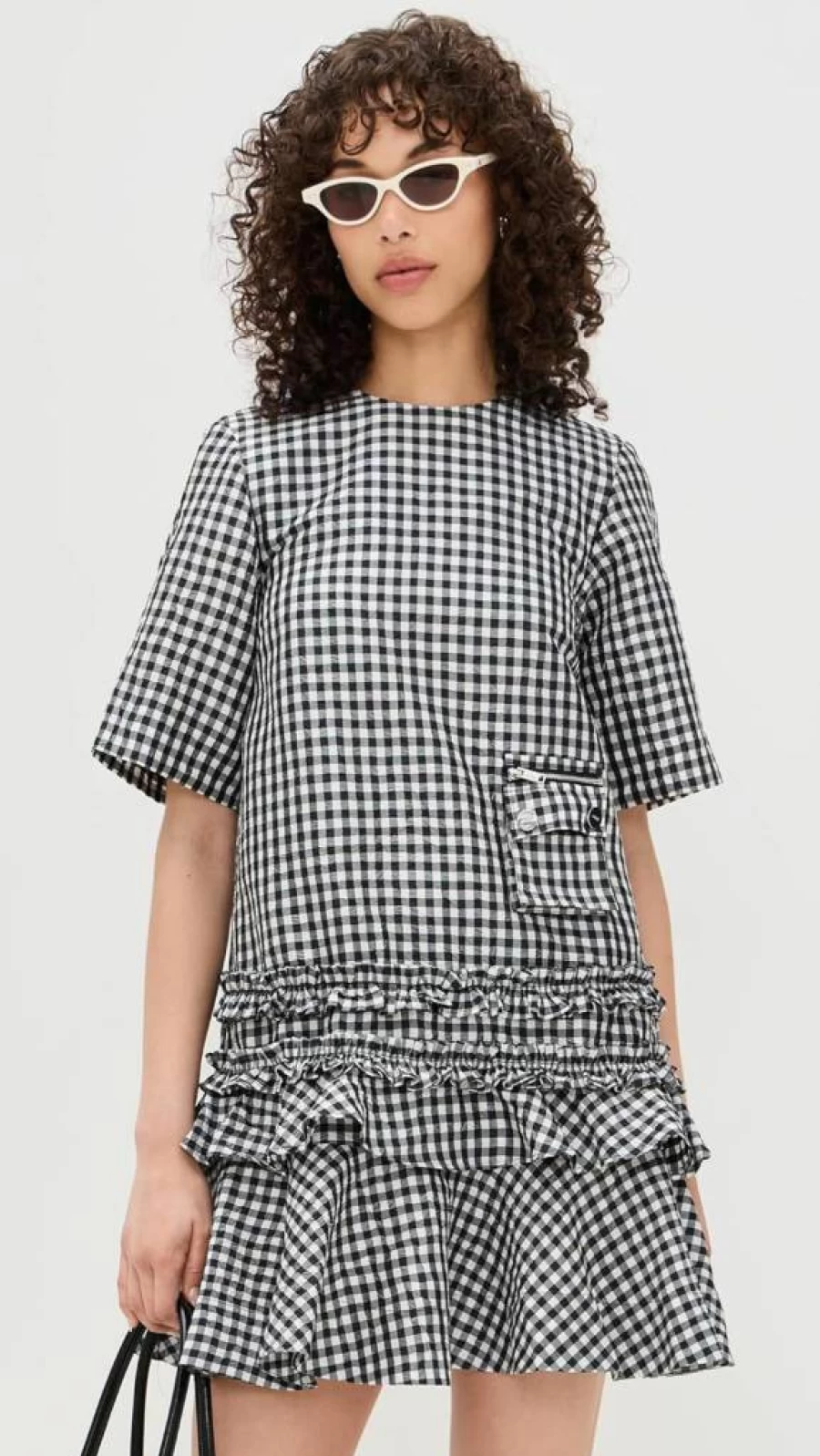 Ganni Women's Crinkled Taffeta Check Mini Dress with Open Back Design