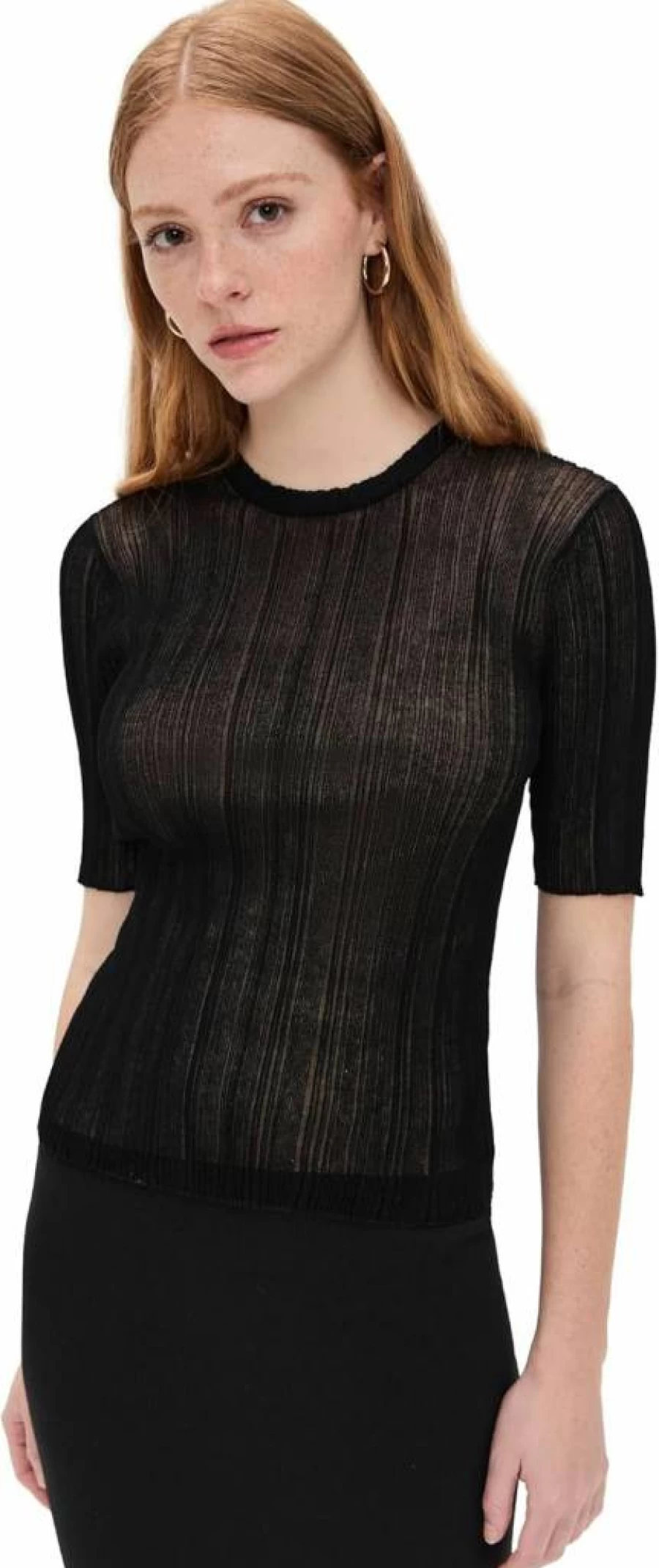Vince Women's Ribbed Knit Pullover Sweater with Elbow-Length Sleeves and Double-Layer Design