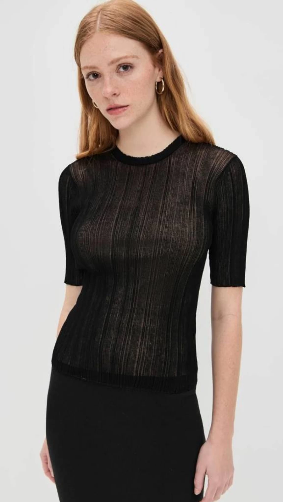 Vince Women's Ribbed Knit Pullover Sweater with Elbow-Length Sleeves and Double-Layer Design