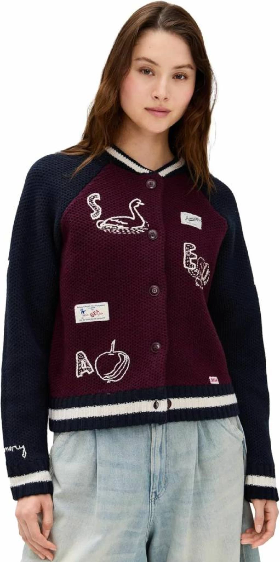 Sea Women's Archer Varsity Knit Cardigan Sweater - Casual Long Sleeve Open Front Cozy Pullover