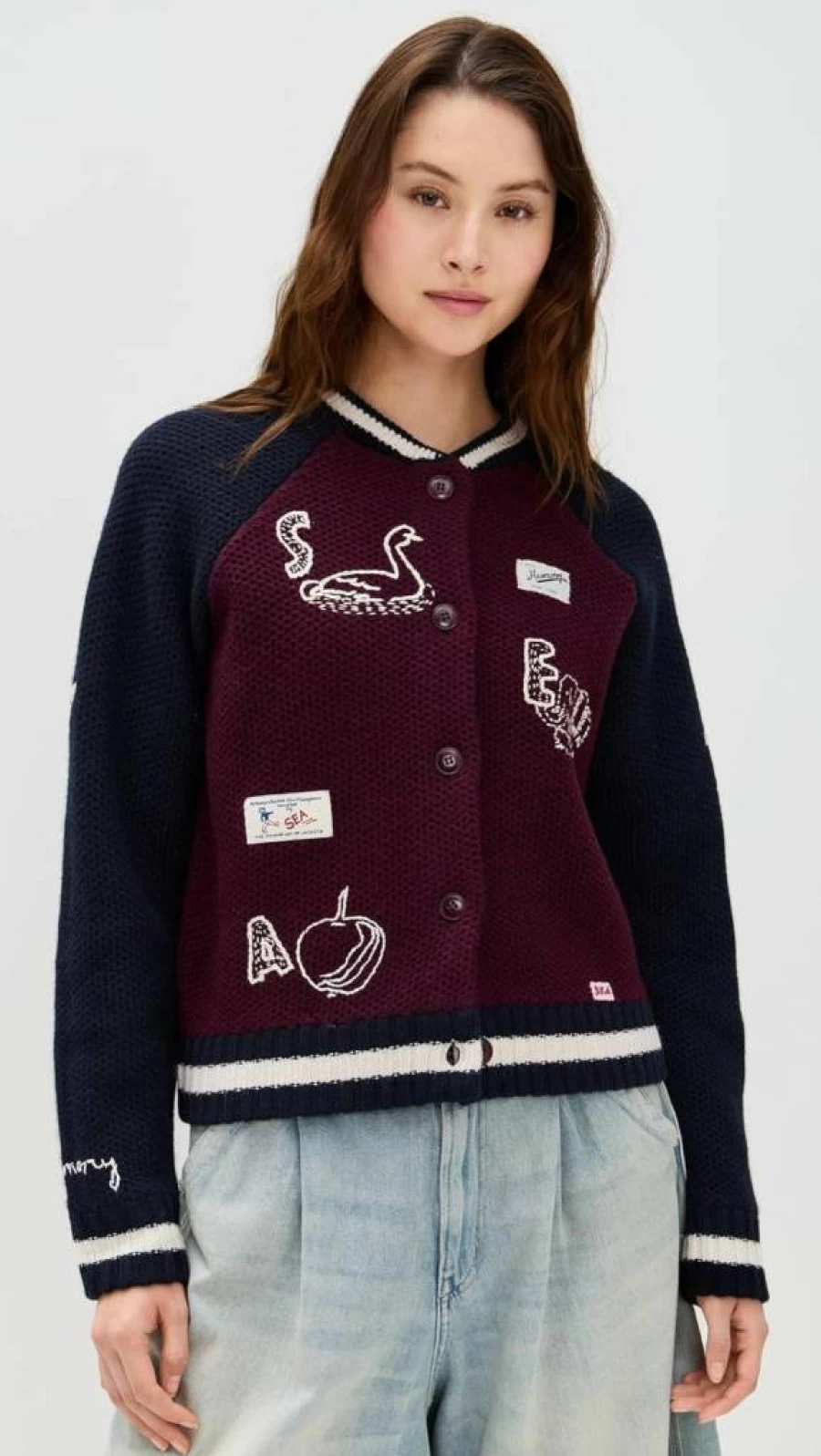 Sea Women's Archer Varsity Knit Cardigan Sweater - Casual Long Sleeve Open Front Cozy Pullover