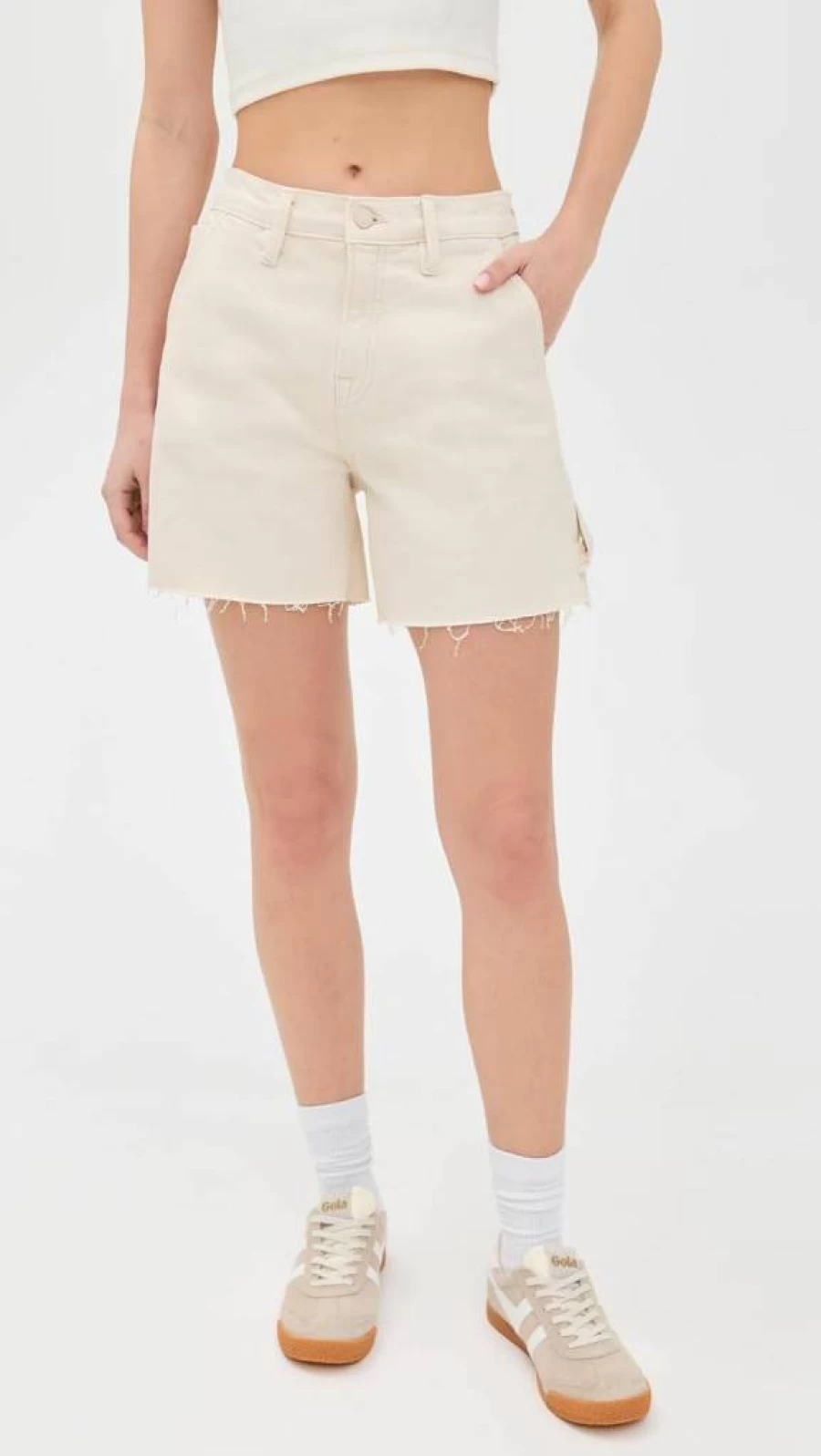 Good American Ecru Carpenter Shorts for Women - Long Denim Shorts