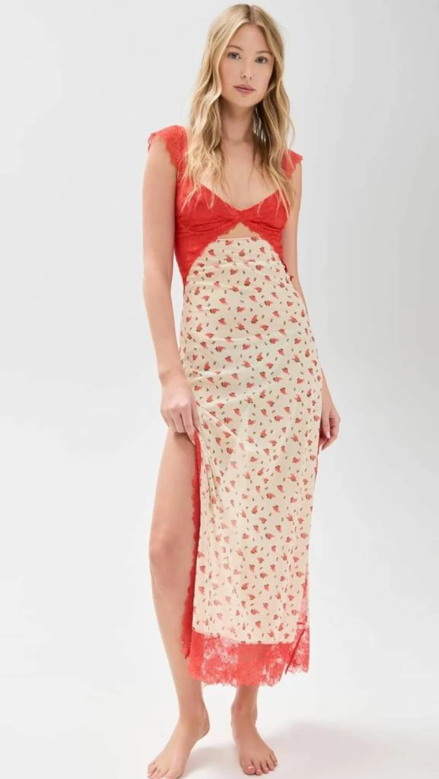Free Women's Suddenly Floral Maxi Slip Dress by Free People - Boho Chic Lace Trim Nightgown & Layering Piece