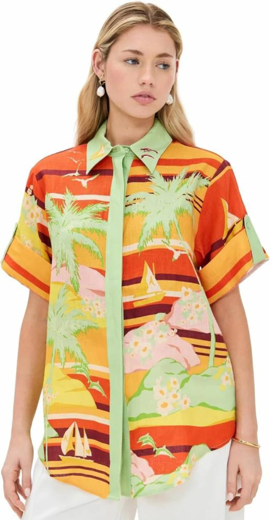 Alemais Women's Palm Island Printed Shirt - Tropical Summer Short Sleeve Blouse