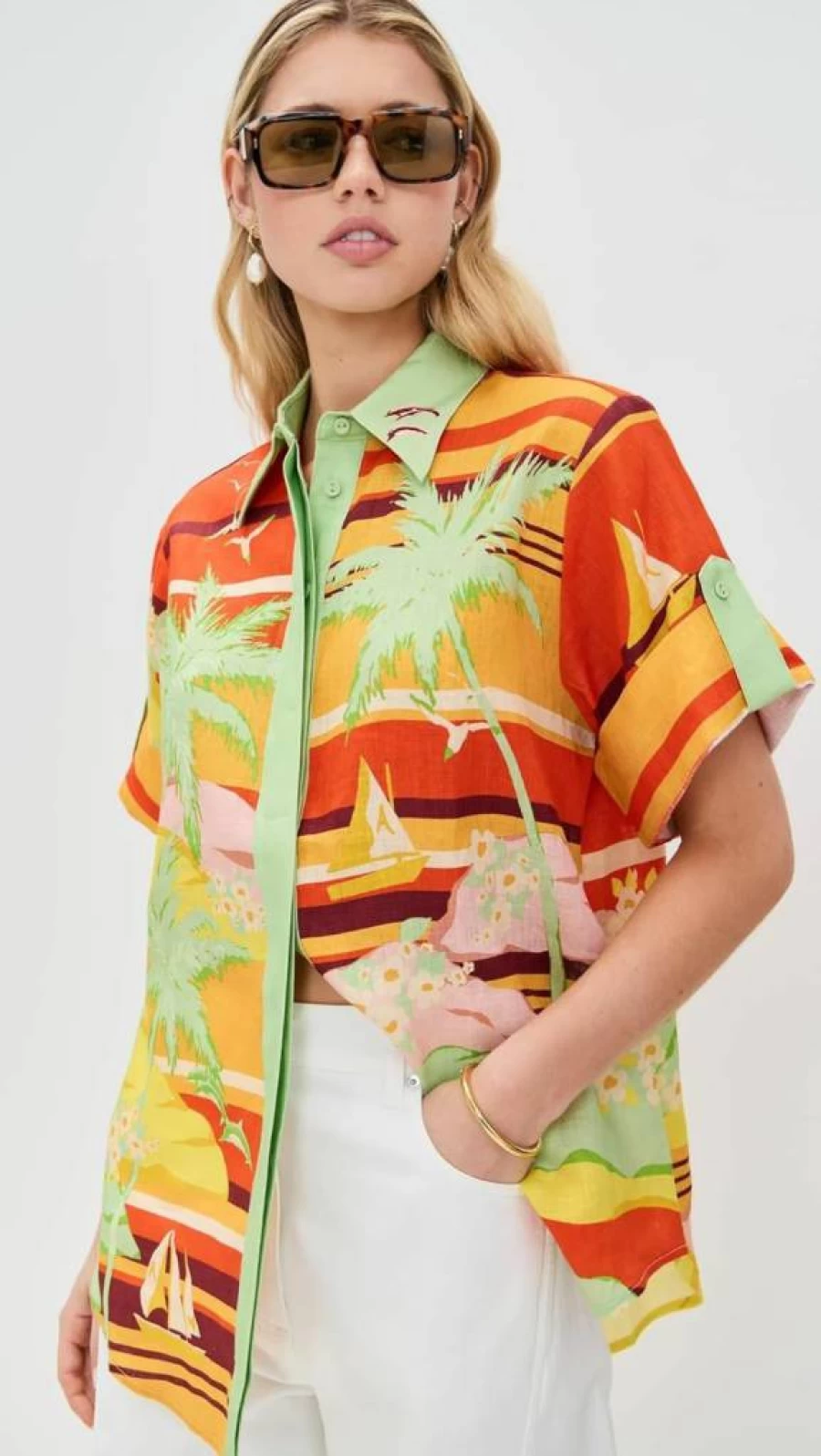 Alemais Women's Palm Island Printed Shirt - Tropical Summer Short Sleeve Blouse