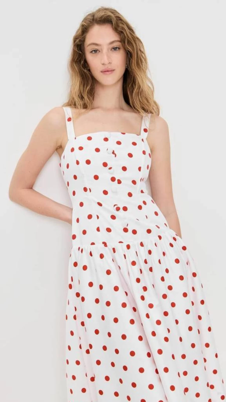 For Love & Lemons Women's Red Polka Dot Midi Dress - Floral Lace Vintage Style Summer Party Dress